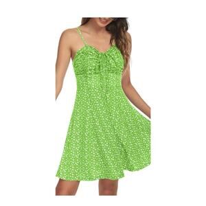 MISSUFE  FLORAL MINI DRESS WOMENS CASUAL RUCHED FRONT DRAWSTRING SUNDRESS XS